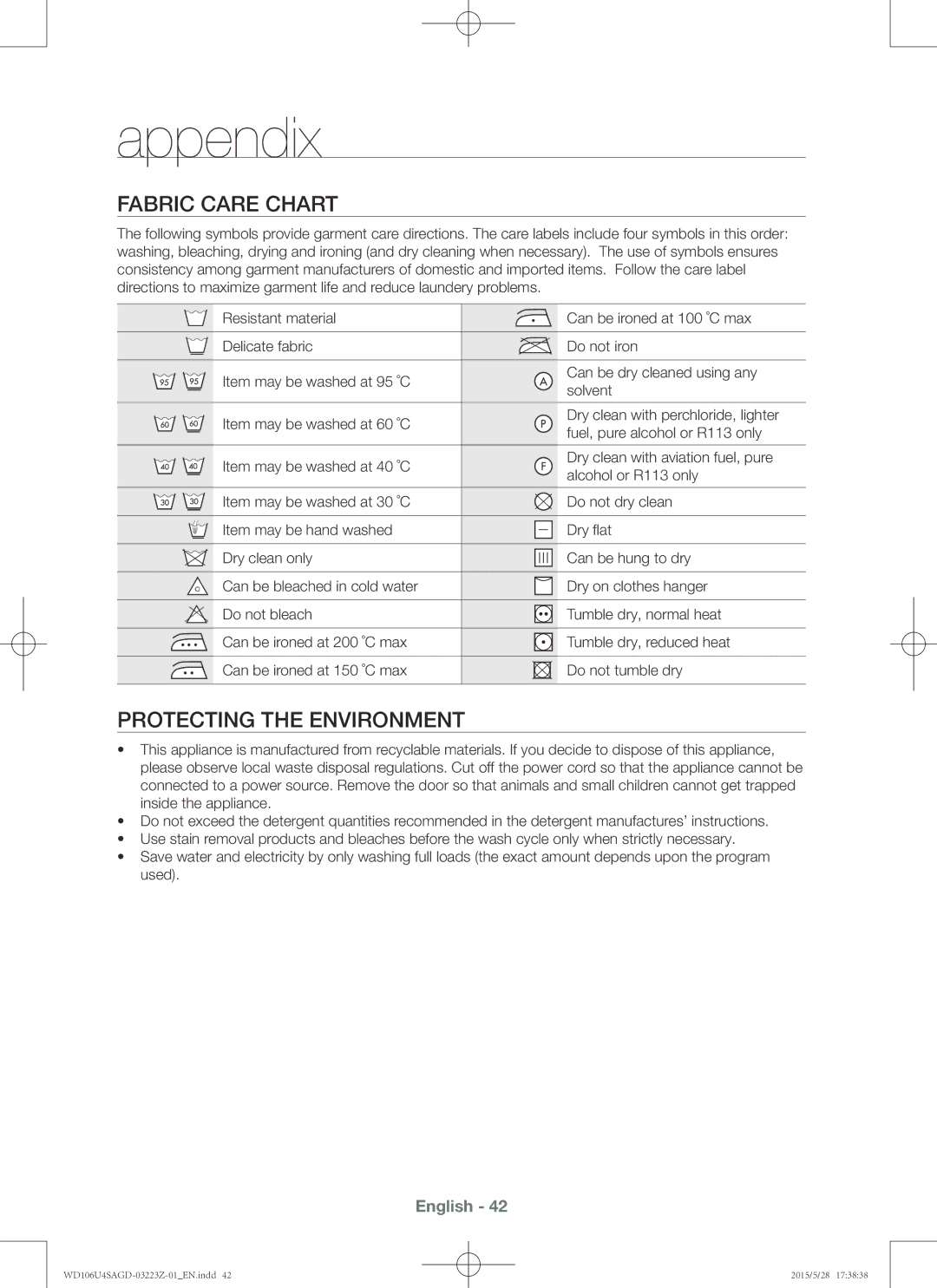 Samsung WD106U4SAGD/SV manual Appendix, Fabric care chart, Protecting the environment 