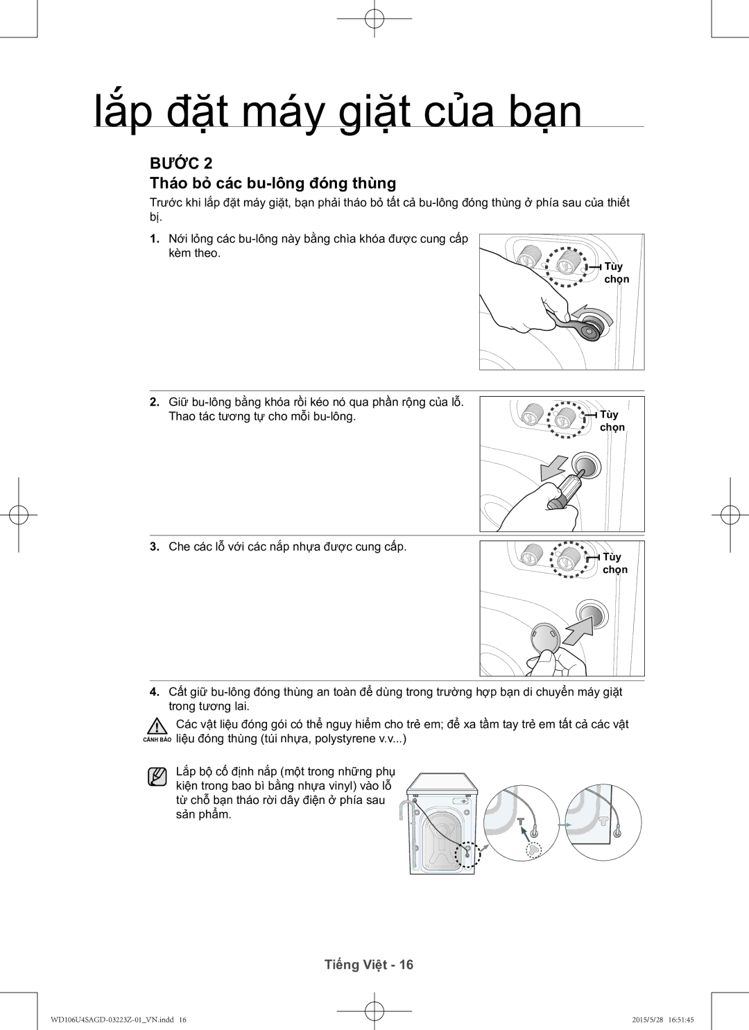 Samsung WD106U4SAGD/SV manual Thao bỏ cac bu-lông đóng thùng 