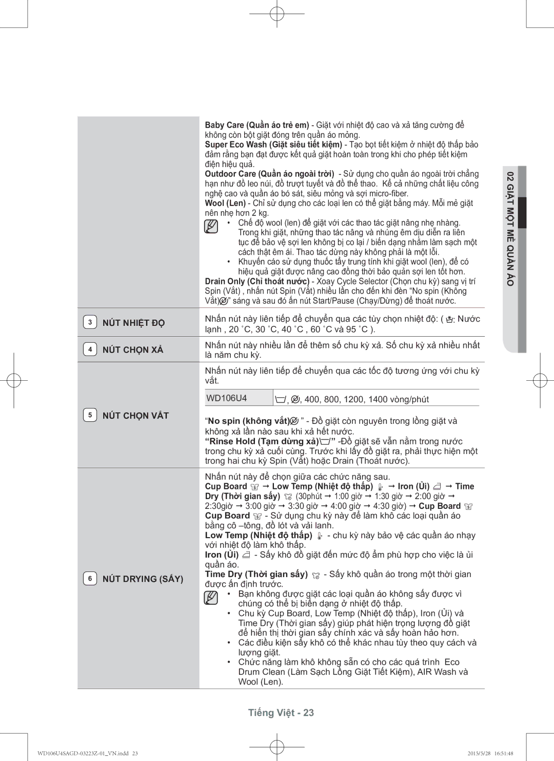 Samsung WD106U4SAGD/SV manual NÚT Nhiệt ĐỘ, NÚT Chọn XẢ, NÚT Chọn VẮT, NÚT Drying SẤY 