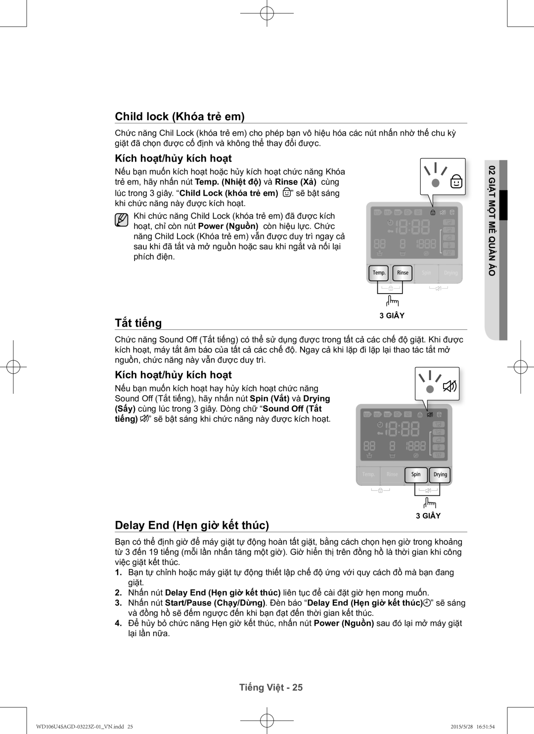 Samsung WD106U4SAGD/SV manual Child lock Khóa trẻ em, Tắ́t tiếng, Delay End Hẹn giờ kết thúc 