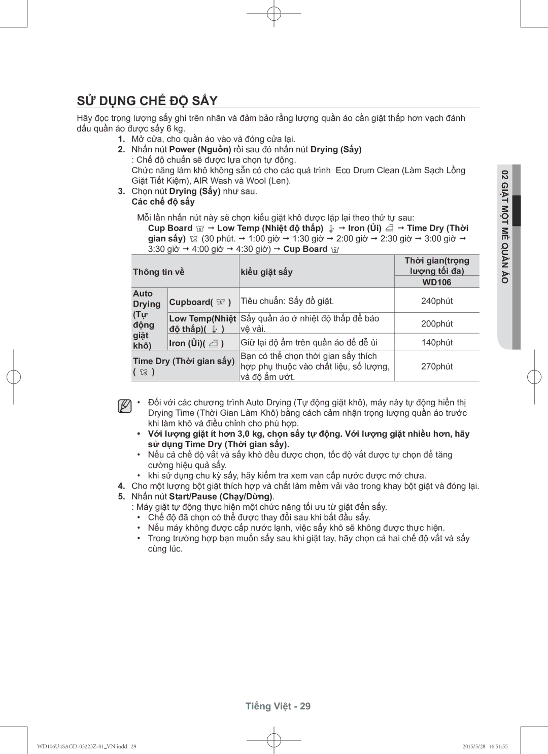 Samsung WD106U4SAGD/SV manual Sử Dụng Chế Độ Sấy 