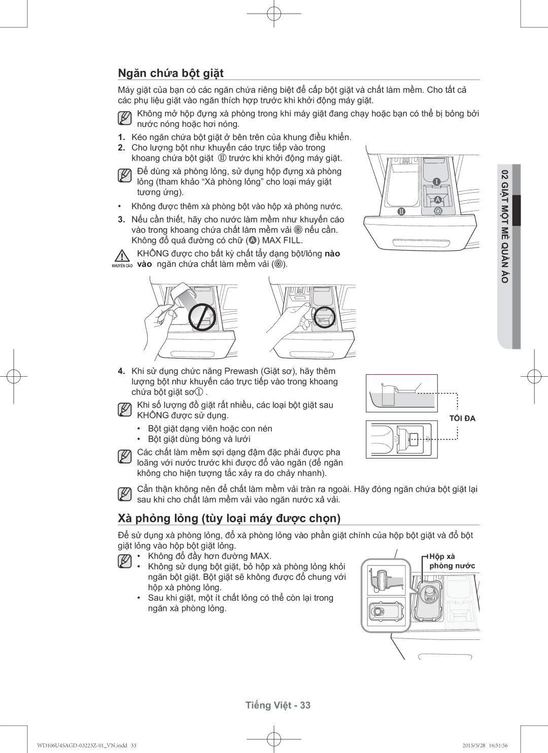 Samsung WD106U4SAGD/SV manual Ngăn chứa bộ̣t giặt, Xà phỏ̉ng lỏ̉ng tùy loại máy được chọn 