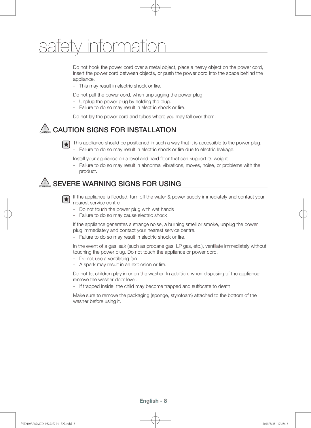 Samsung WD106U4SAGD/SV manual Safety information 