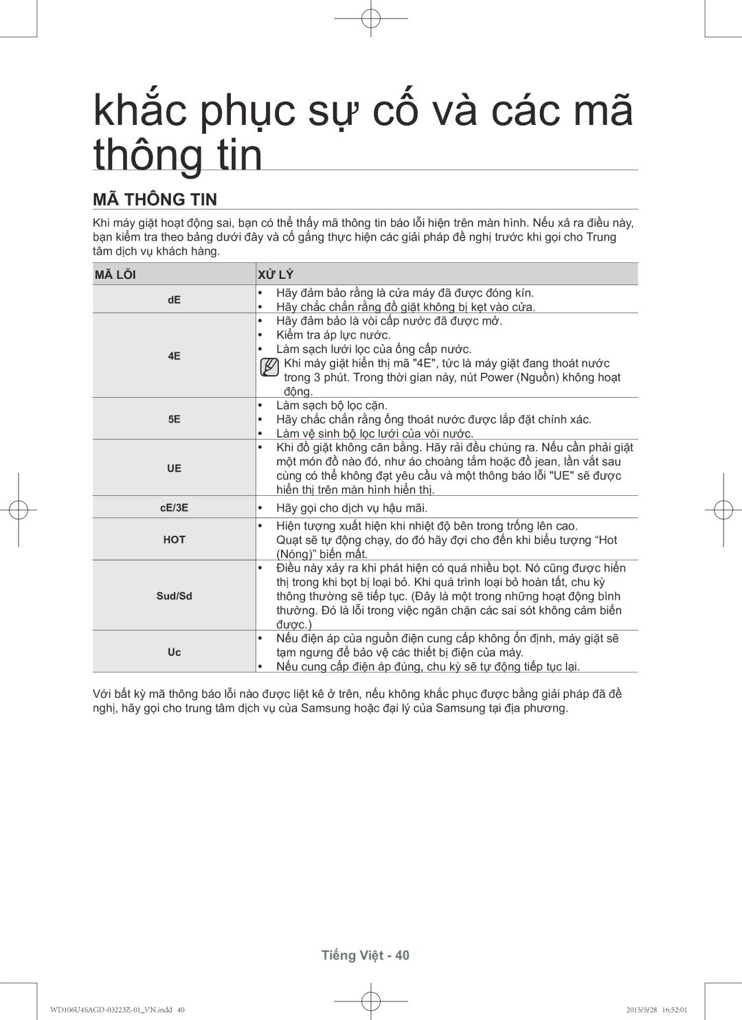 Samsung WD106U4SAGD/SV manual Mã thông tin, Mã Lỗi Xử Lý 