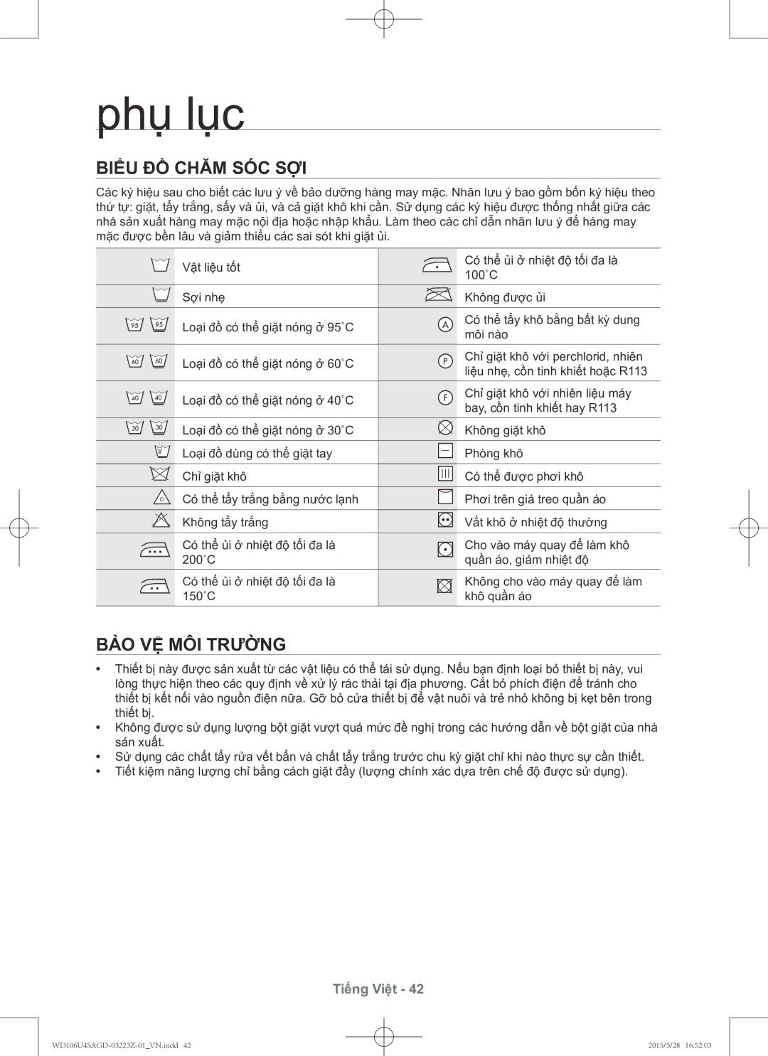 Samsung WD106U4SAGD/SV manual Phụ lục, Biểu đồ chăm sóc sợi, Bảo vệ môi trường 