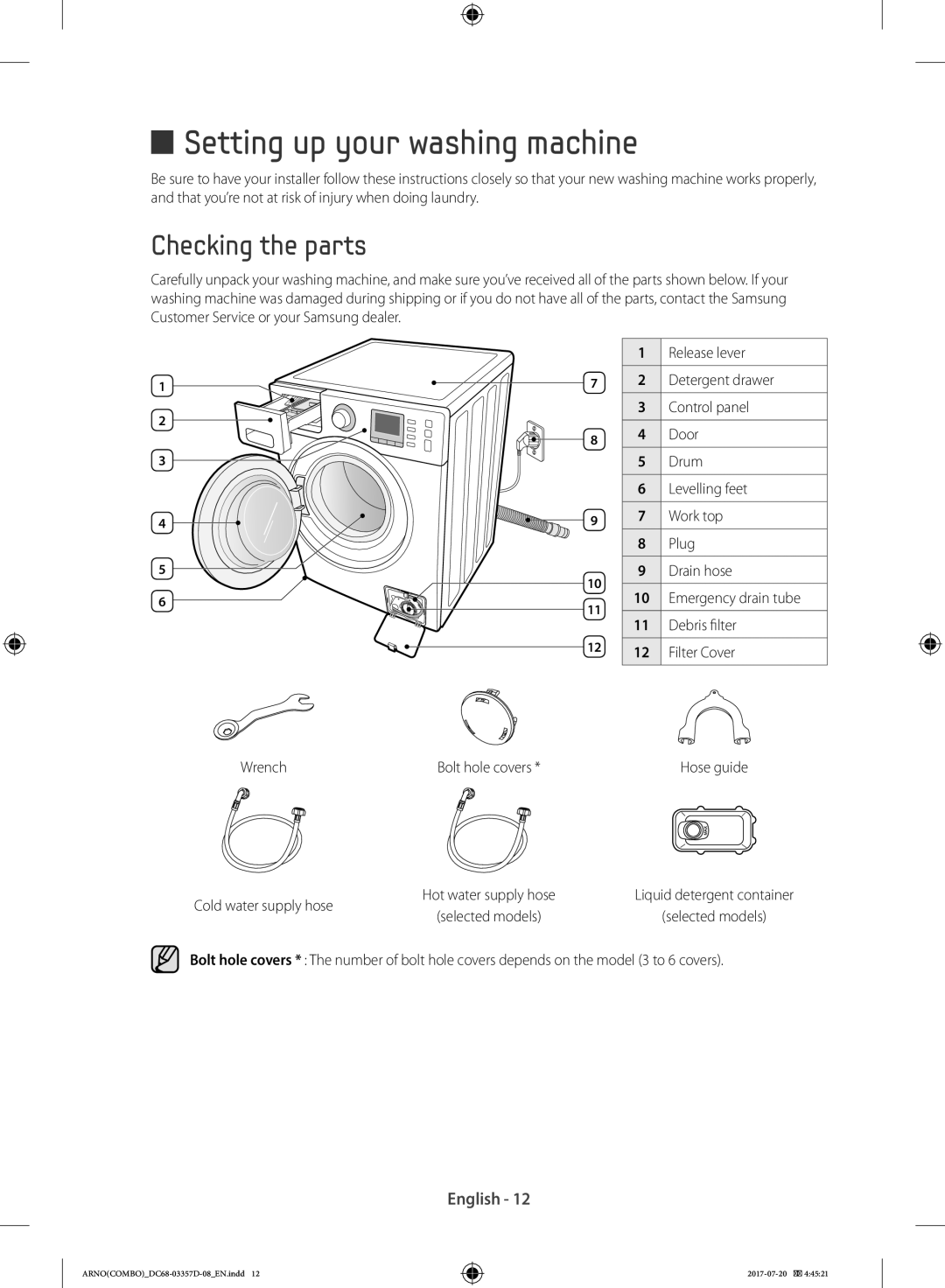 Samsung WD10F9C9U4W/YL, WD10F9C9U4X/YL manual Setting up your washing machine, Checking the parts, Cold water supply hose 