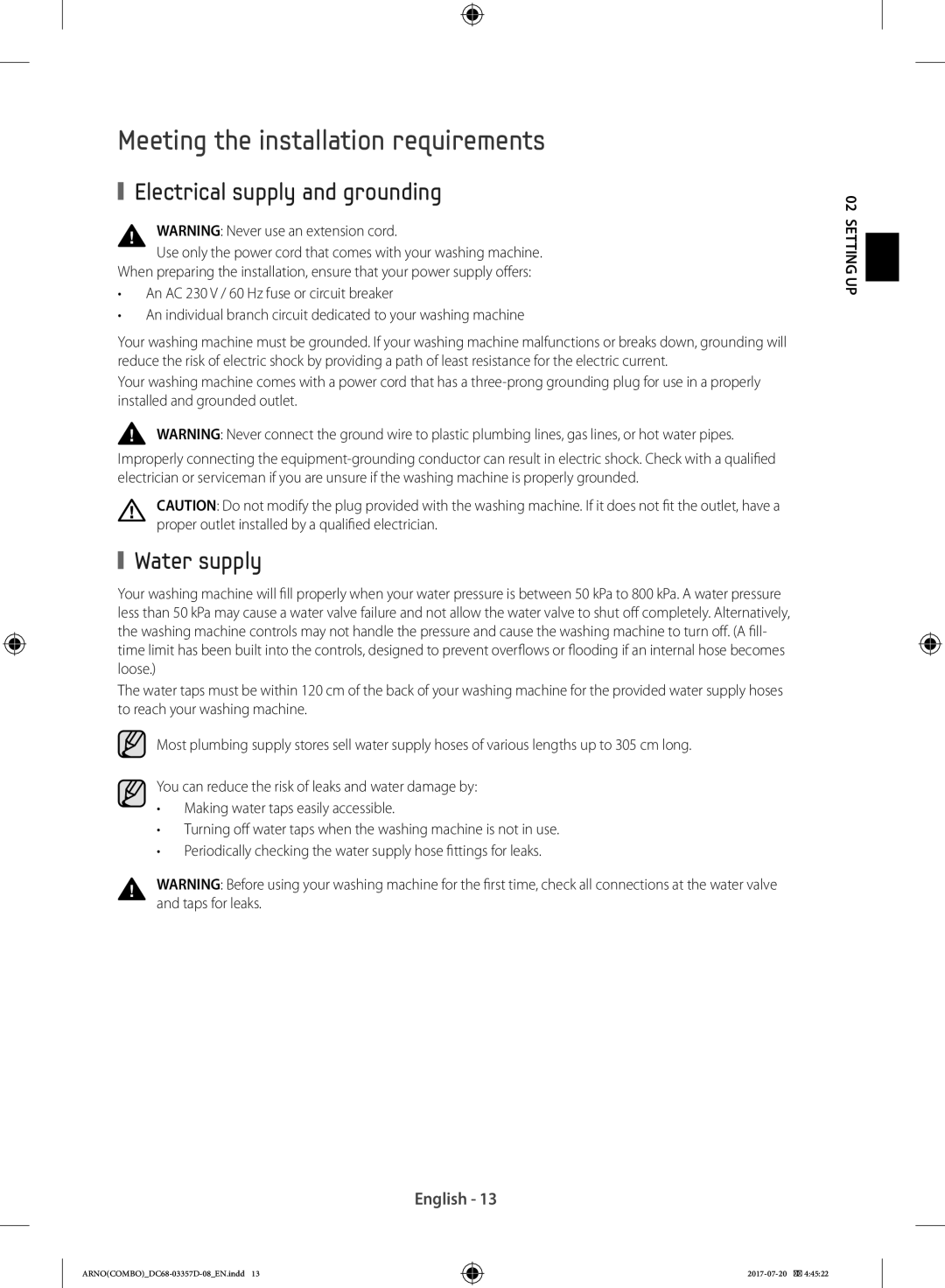 Samsung WD10F9C9U4X/YL manual Meeting the installation requirements, Electrical supply and grounding, Water supply 