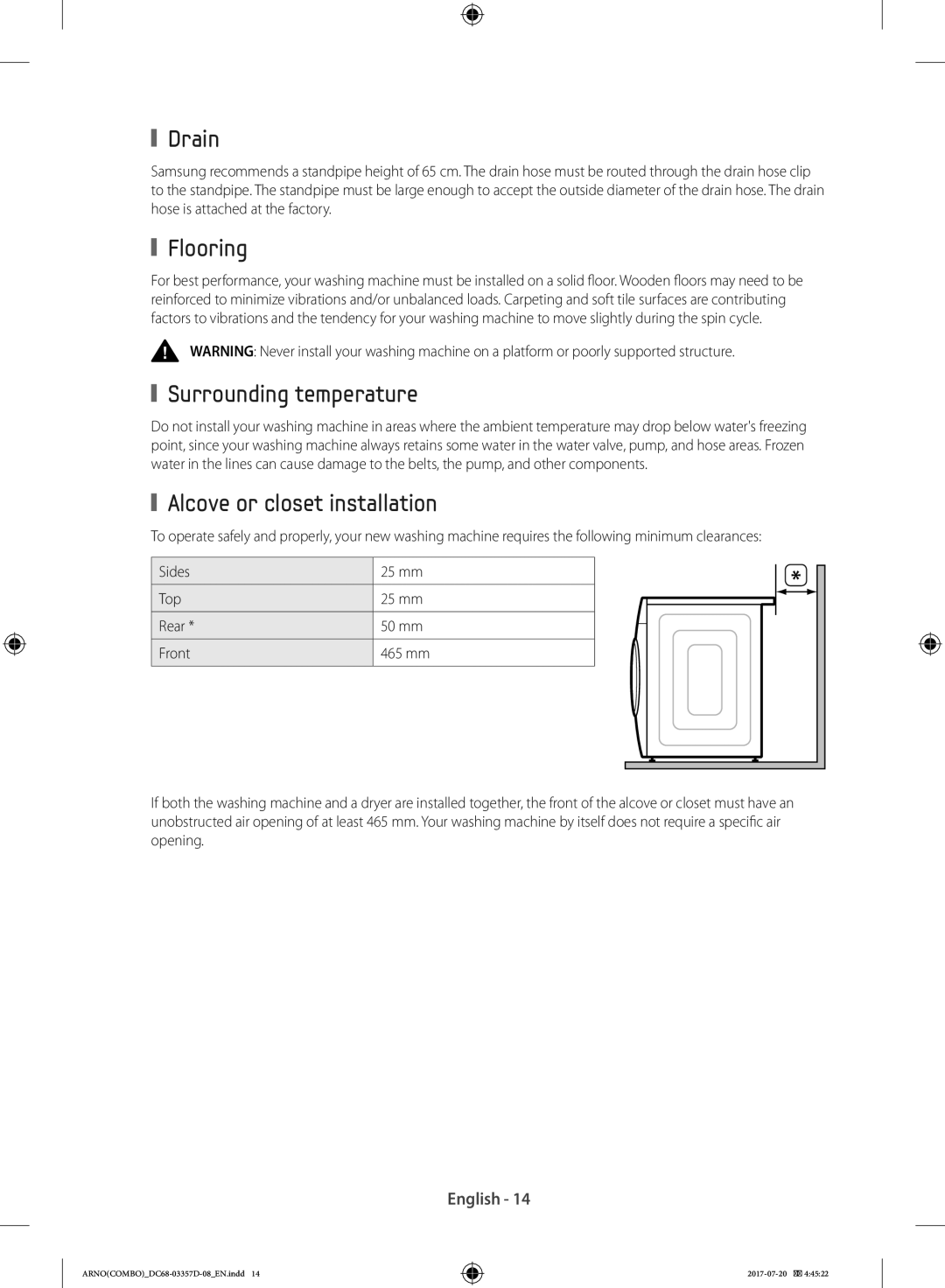 Samsung WD10F9C9U4W/YL, WD10F9C9U4X/YL manual Drain, Flooring, Surrounding temperature, Alcove or closet installation 