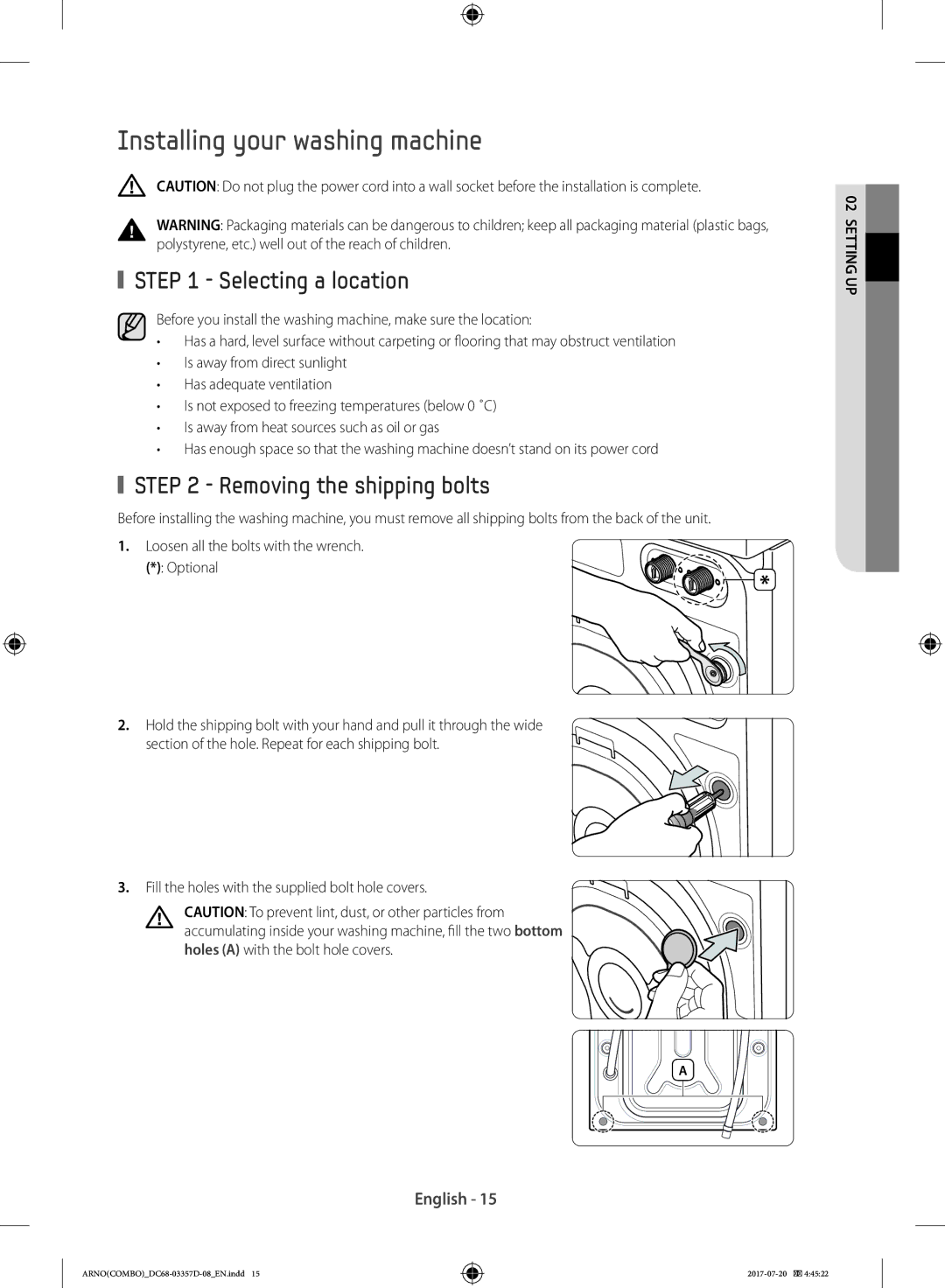 Samsung WD10F9C9U4X/YL, WD10F9C9U4W/YL Installing your washing machine, Selecting a location, Removing the shipping bolts 