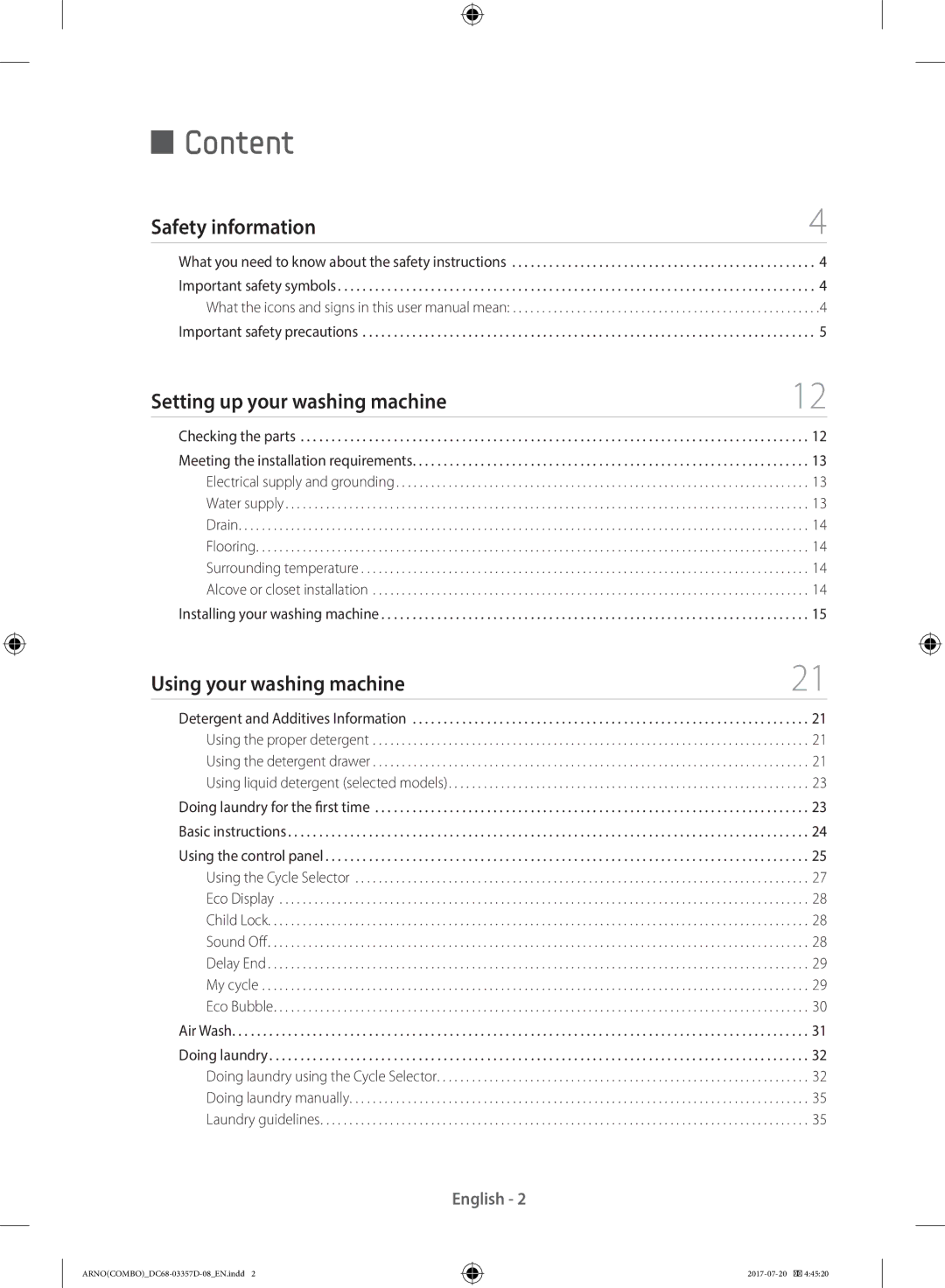 Samsung WD10F9C9U4W/YL, WD10F9C9U4X/YL manual Content, Safety information Setting up your washing machine 