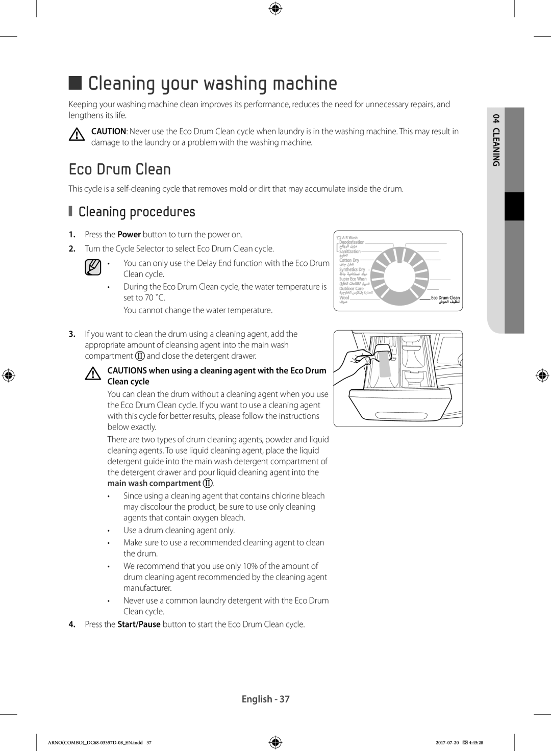 Samsung WD10F9C9U4X/YL manual Cleaning your washing machine, Eco Drum Clean, Cleaning procedures, Compartment, Clean cycle 