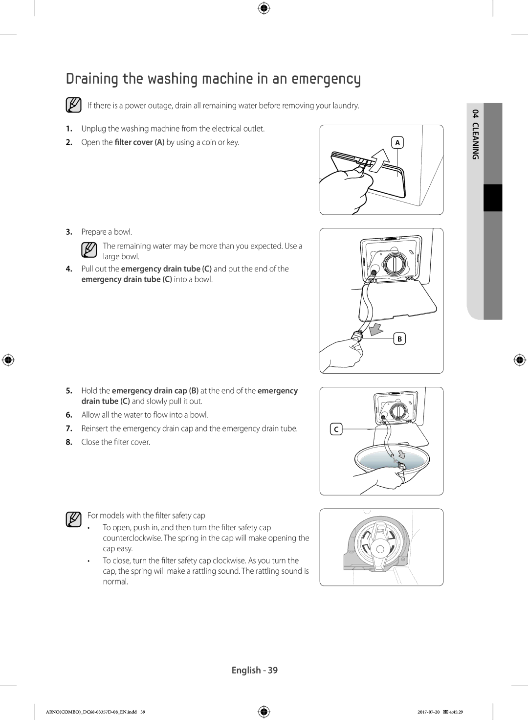 Samsung WD10F9C9U4X/YL, WD10F9C9U4W/YL manual Draining the washing machine in an emergency 