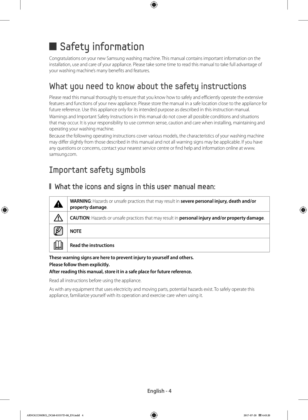 Samsung WD10F9C9U4W/YL, WD10F9C9U4X/YL manual Safety information, Read all instructions before using the appliance 