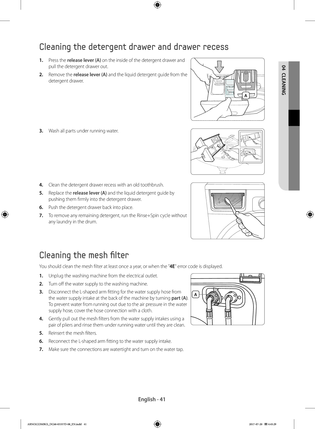 Samsung WD10F9C9U4X/YL, WD10F9C9U4W/YL manual Cleaning the detergent drawer and drawer recess, Cleaning the mesh filter 