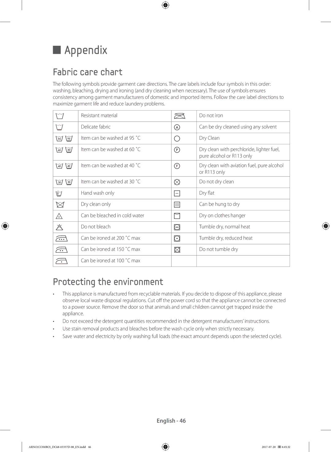 Samsung WD10F9C9U4W/YL, WD10F9C9U4X/YL manual Appendix, Fabric care chart, Protecting the environment 