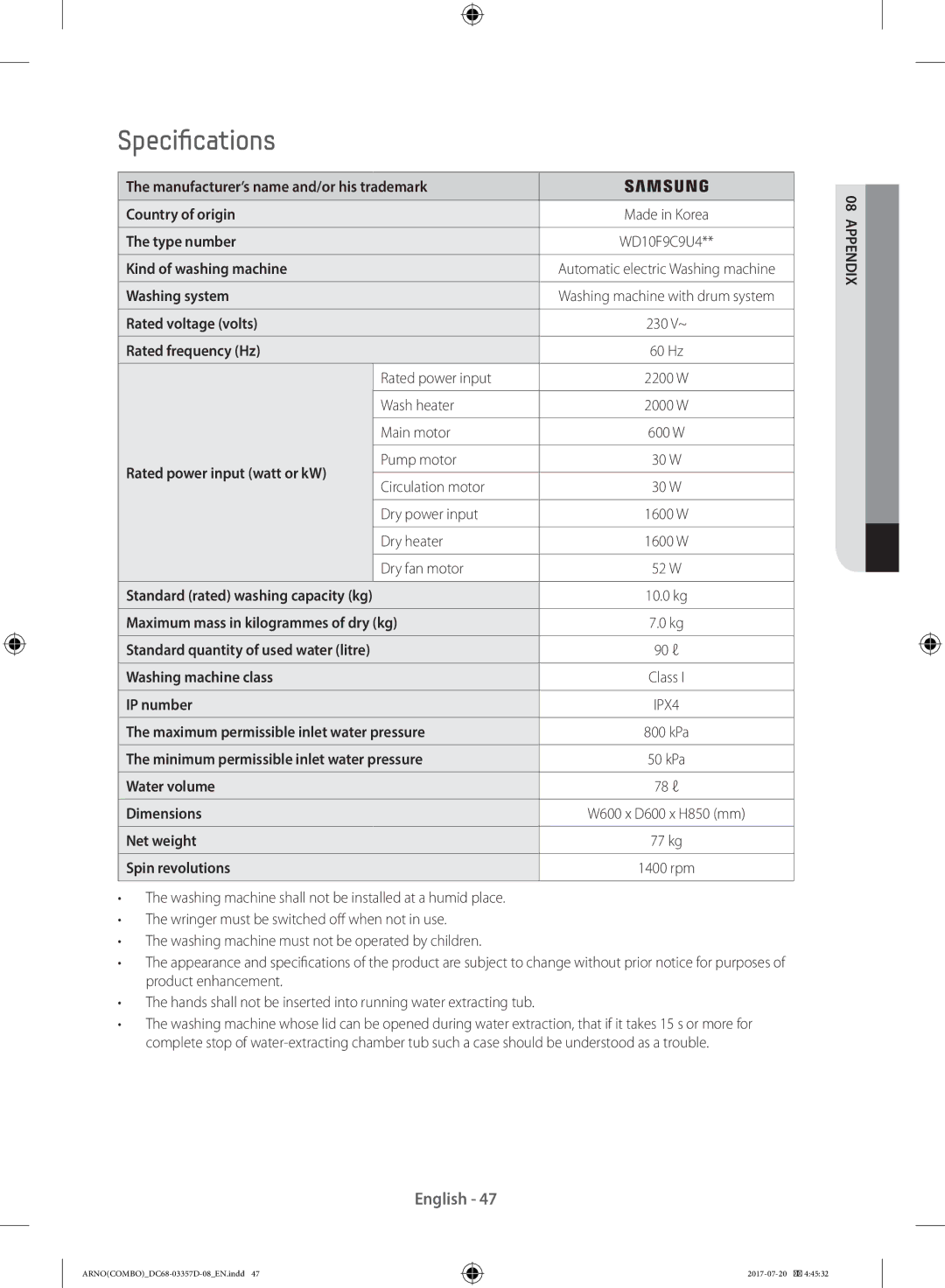 Samsung WD10F9C9U4X/YL, WD10F9C9U4W/YL manual Specifications 