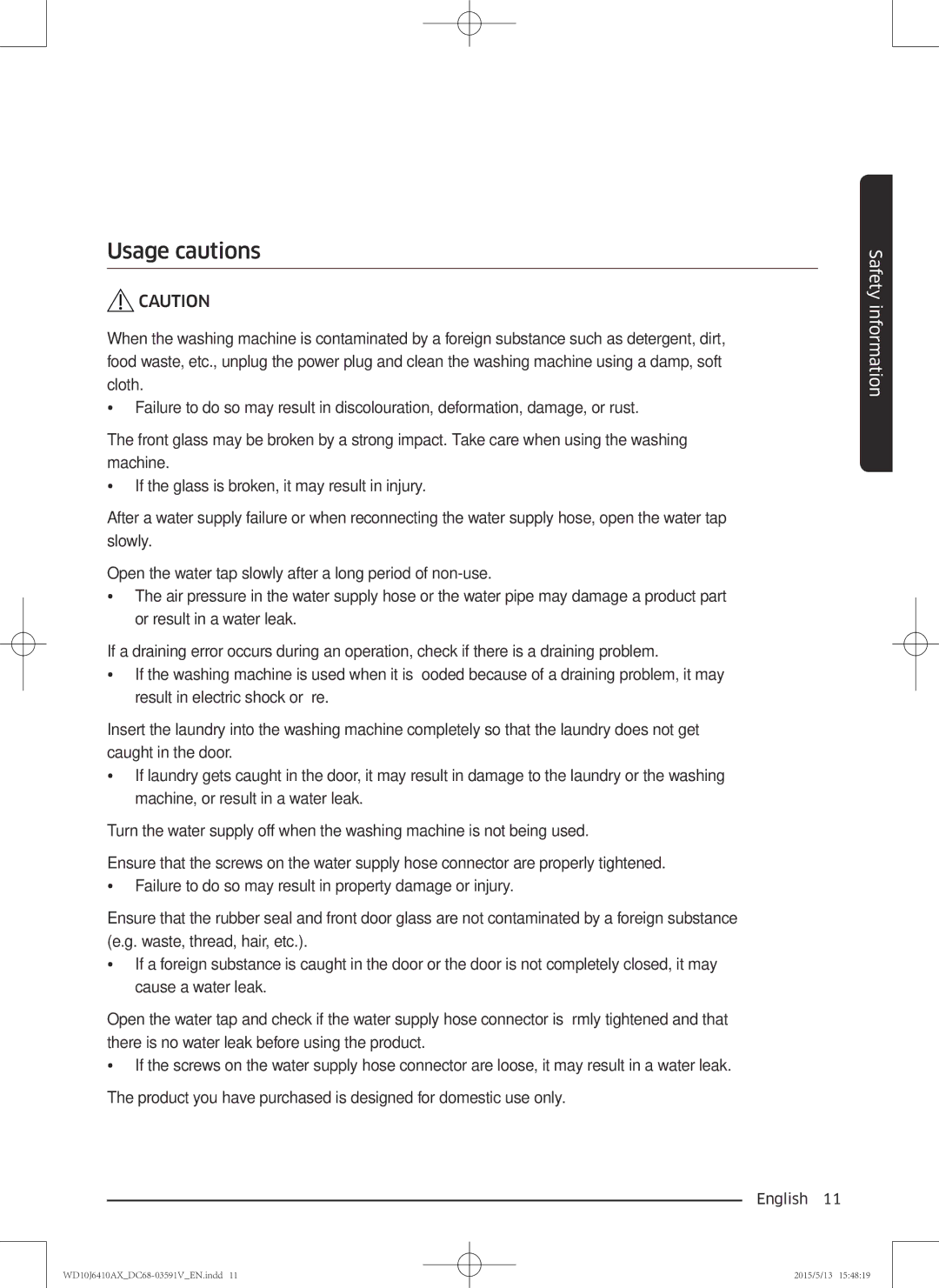 Samsung WD10J6410AX/SV manual Usage cautions 