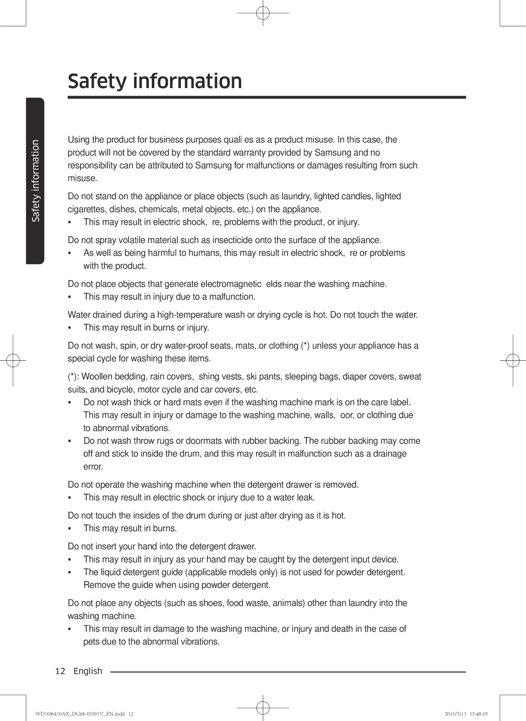 Samsung WD10J6410AX/SV manual Safety information 