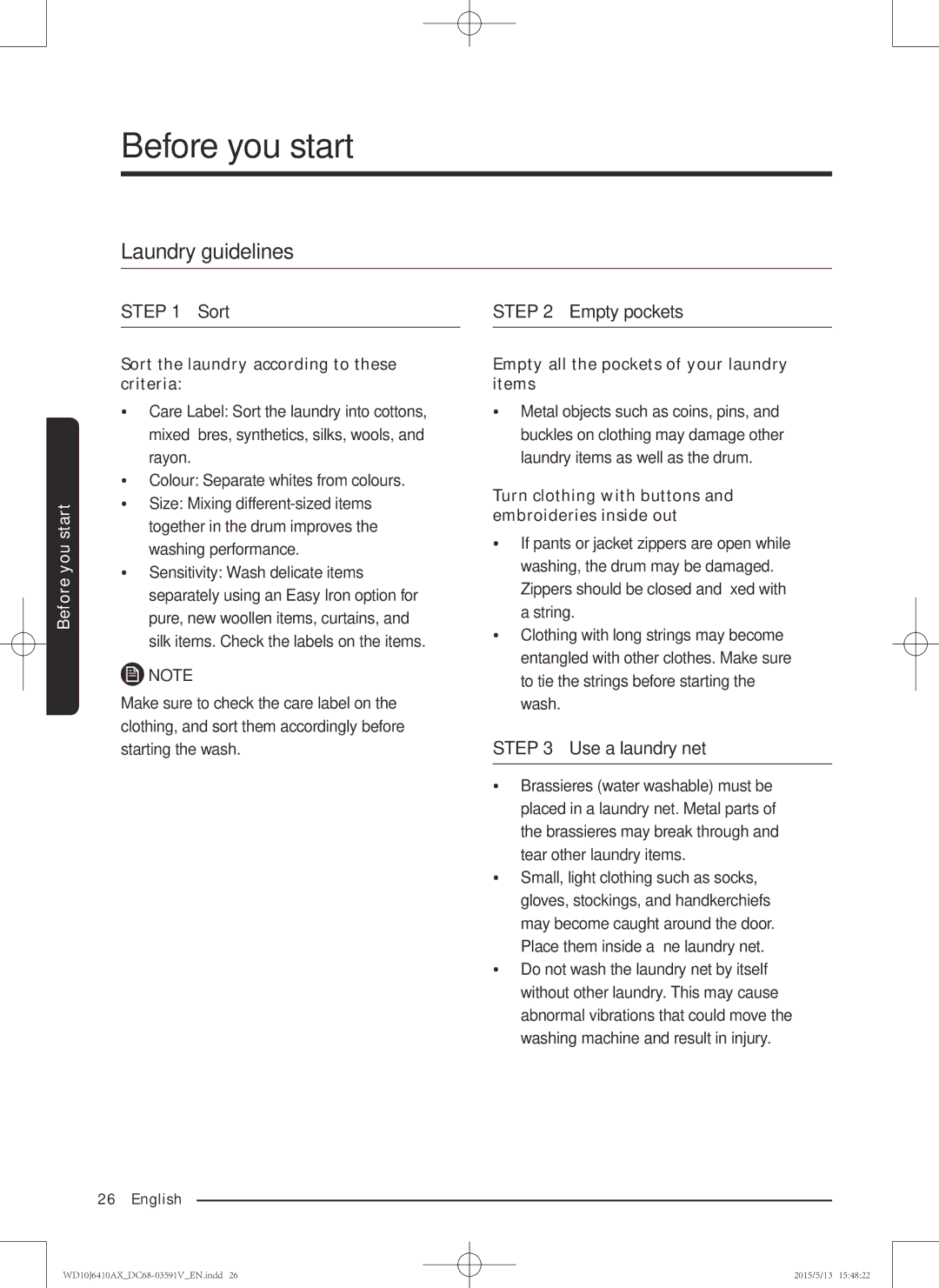 Samsung WD10J6410AX/SV manual Laundry guidelines, Sort 