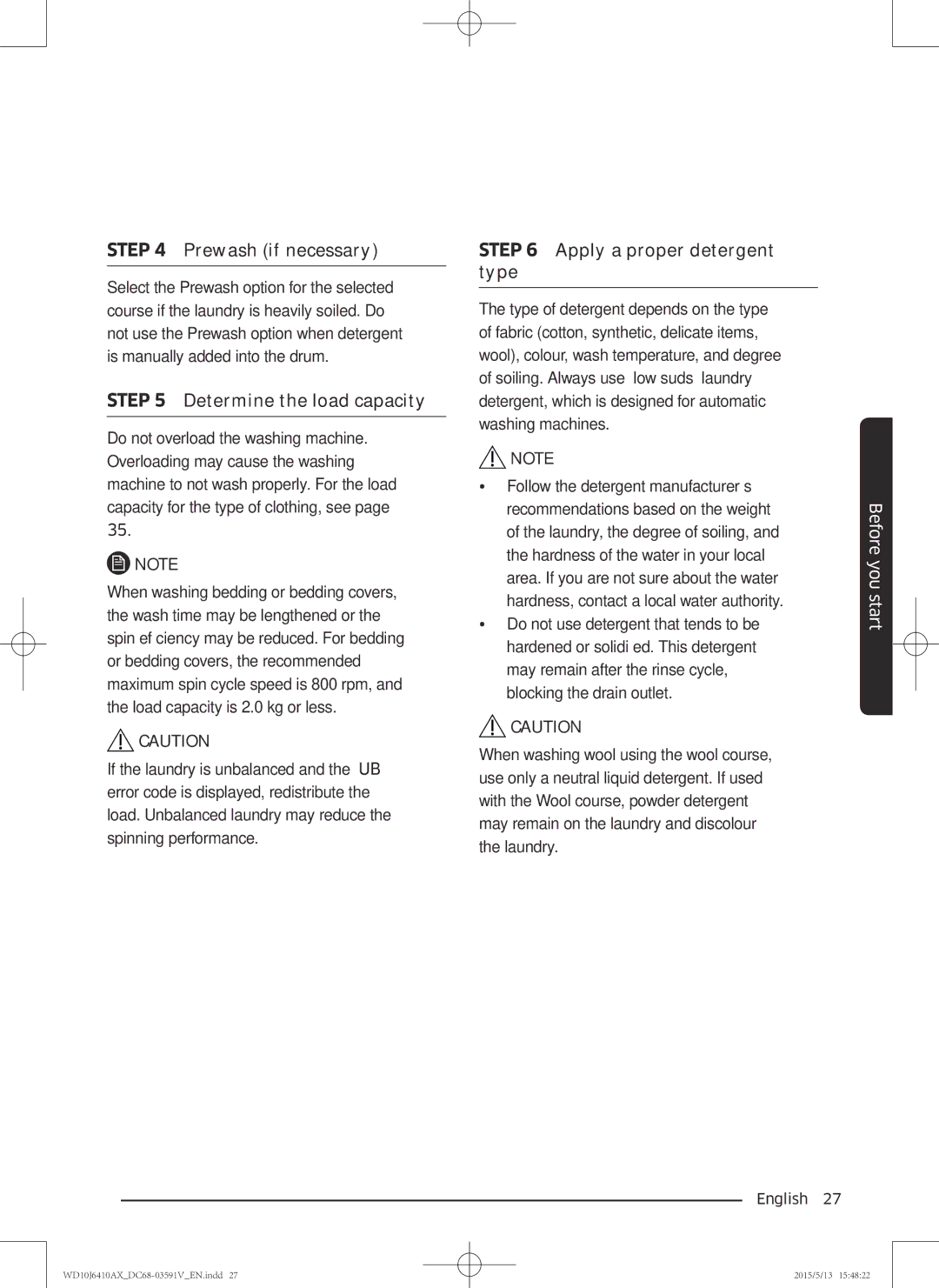 Samsung WD10J6410AX/SV manual Prewash if necessary 