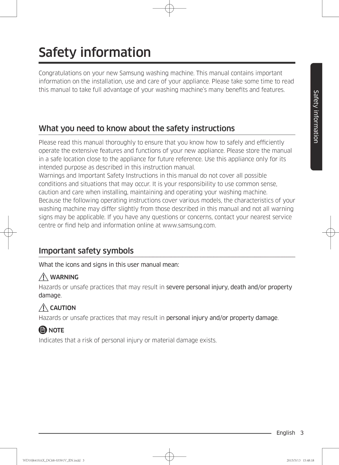 Samsung WD10J6410AX/SV manual Safety information 