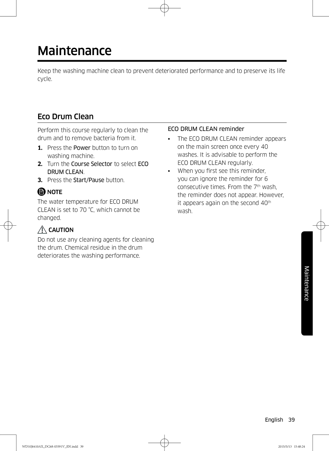 Samsung WD10J6410AX/SV manual Maintenance, Eco Drum Clean 