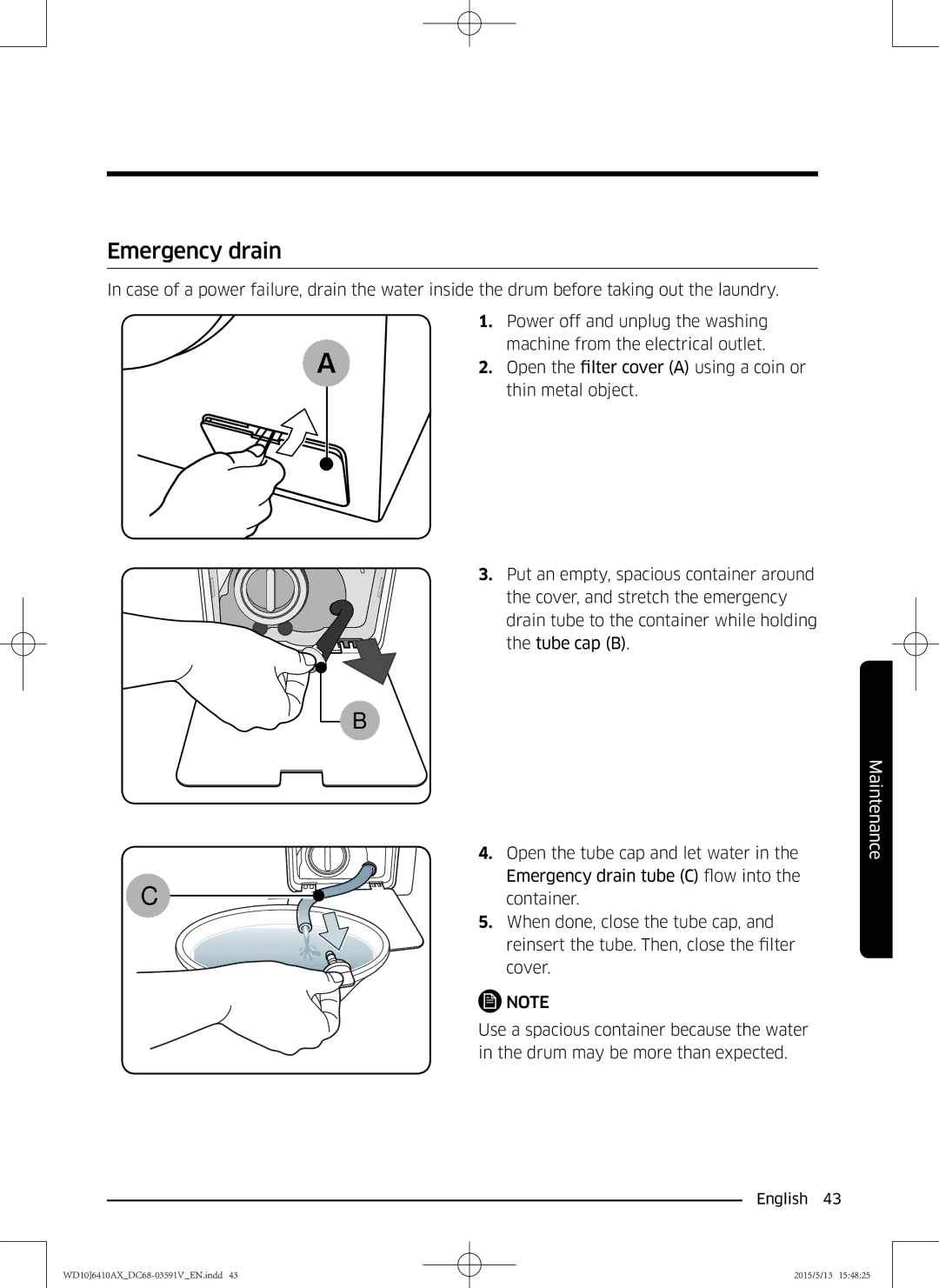 Samsung WD10J6410AX/SV manual Emergency drain 