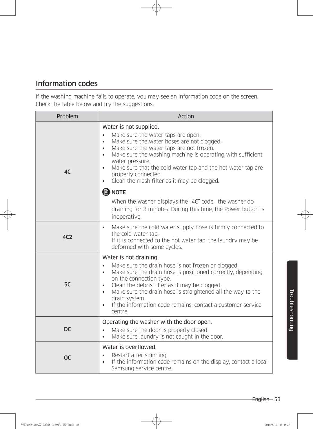 Samsung WD10J6410AX/SV manual Information codes 