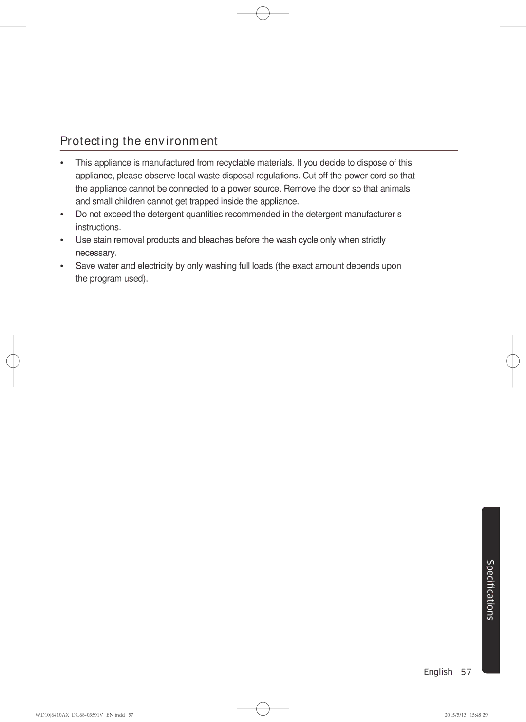 Samsung WD10J6410AX/SV manual Protecting the environment 