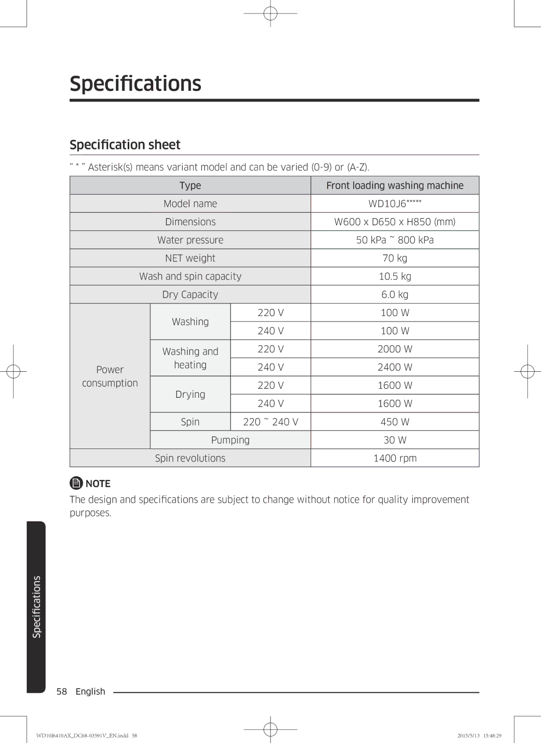 Samsung WD10J6410AX/SV manual Specification sheet 