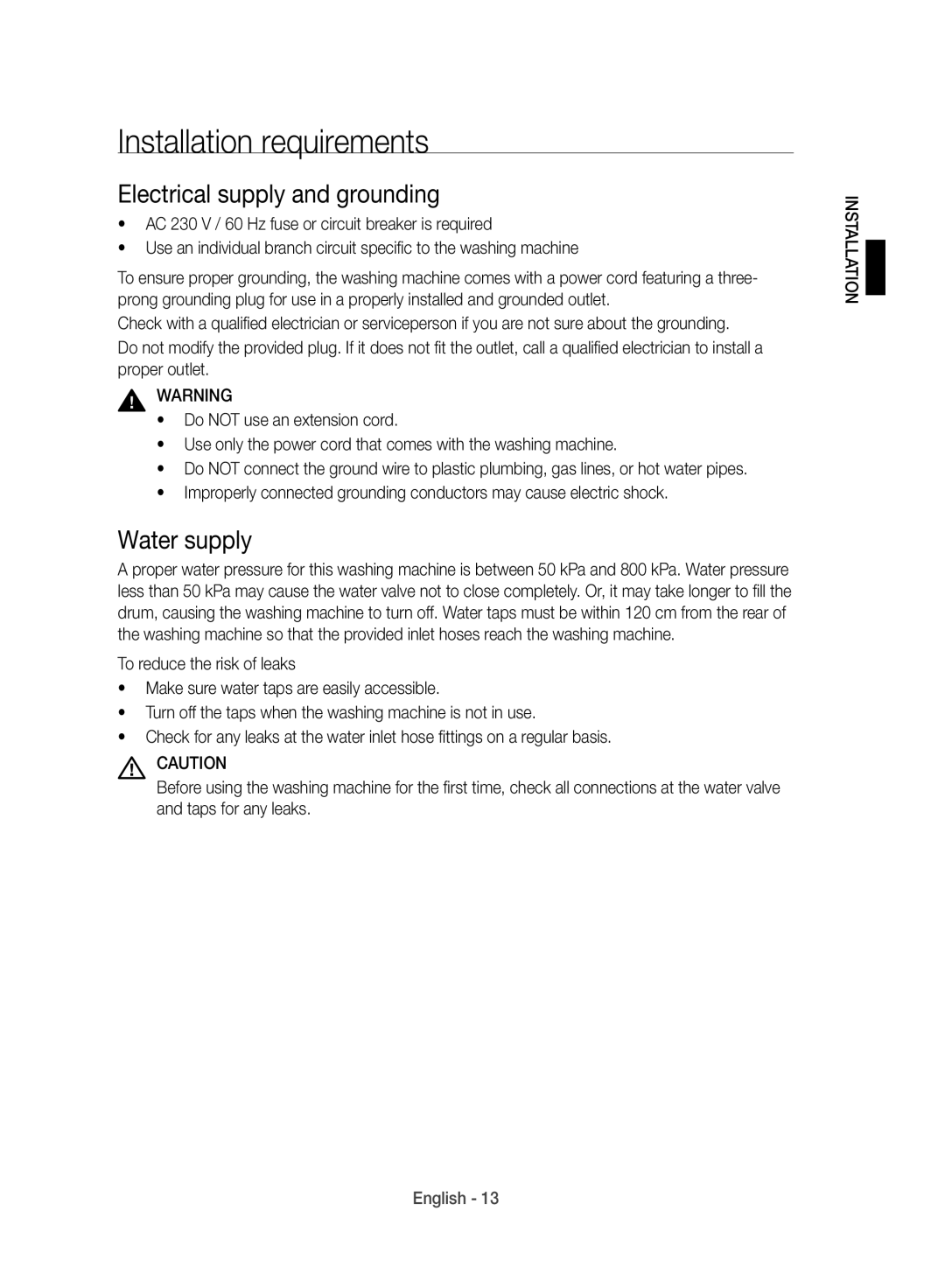 Samsung WD10J8420GW/YL manual Installation requirements, Electrical supply and grounding, Water supply 