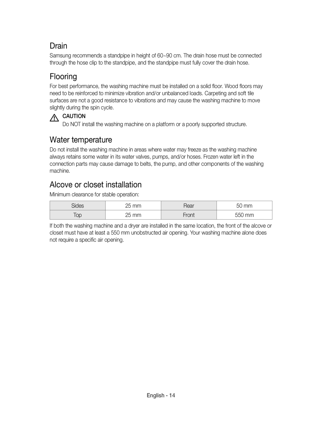 Samsung WD10J8420GW/YL manual Drain, Flooring, Water temperature, Alcove or closet installation, mm Front 