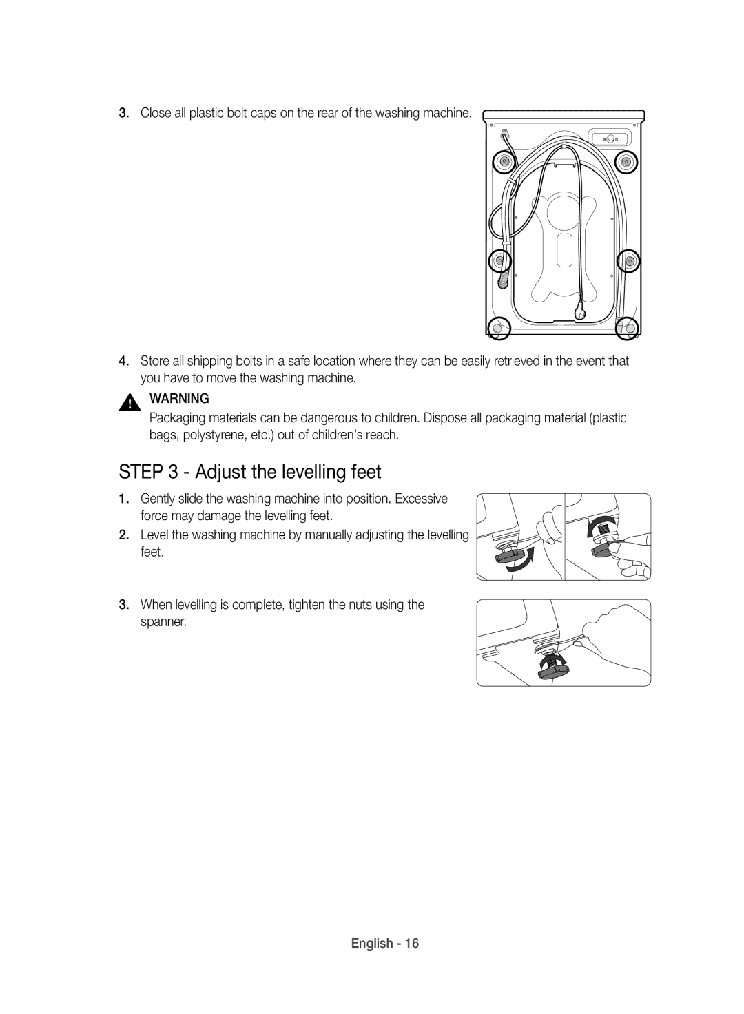 Samsung WD10J8420GW/YL manual Adjust the levelling feet 