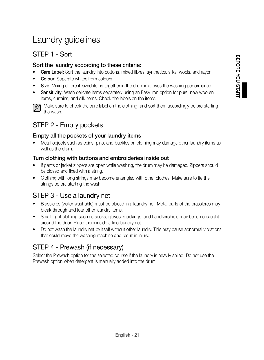 Samsung WD10J8420GW/YL manual Laundry guidelines, Sort, Empty pockets, Use a laundry net, Prewash if necessary 