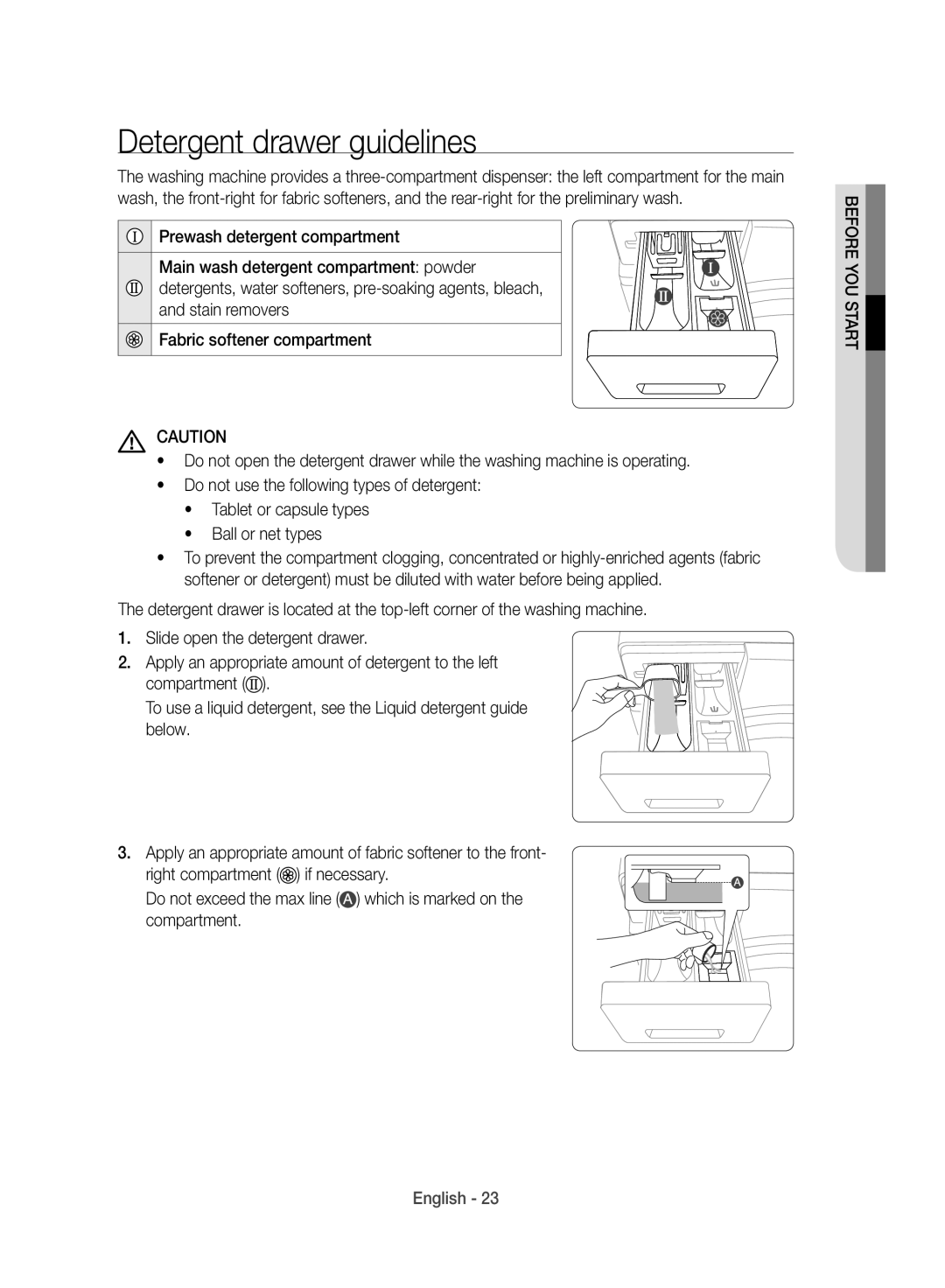 Samsung WD10J8420GW/YL manual Detergent drawer guidelines 