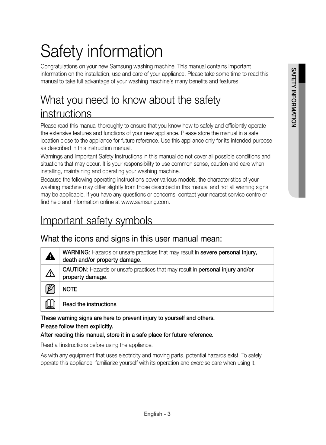 Samsung WD10J8420GW/YL manual Safety information 