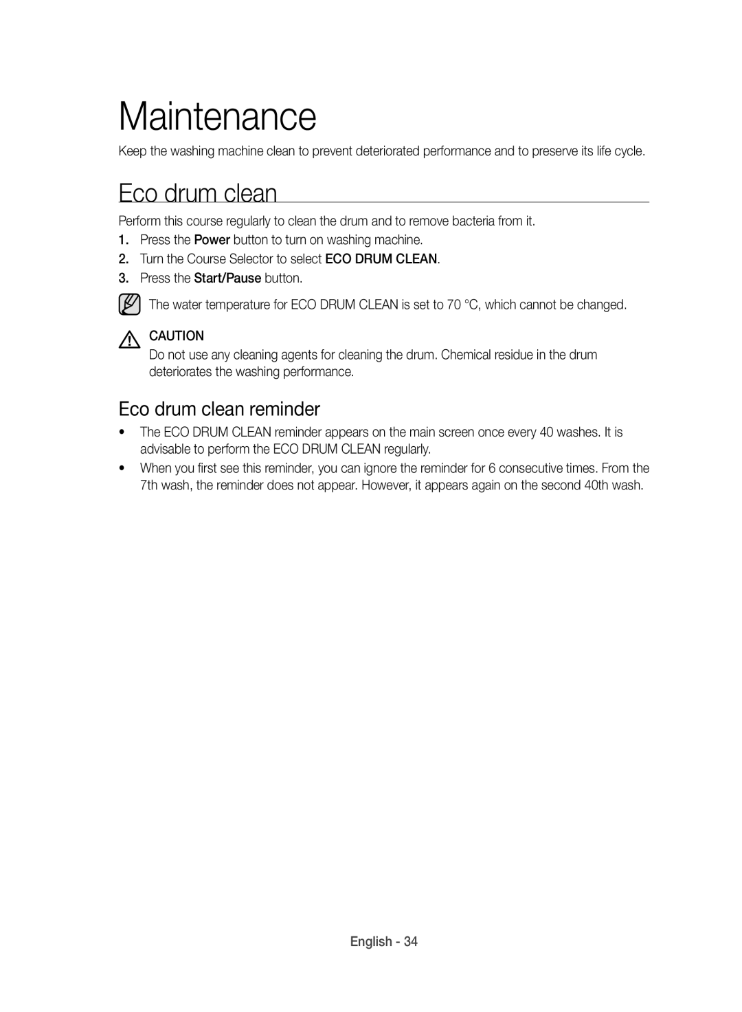 Samsung WD10J8420GW/YL manual Eco drum clean reminder 