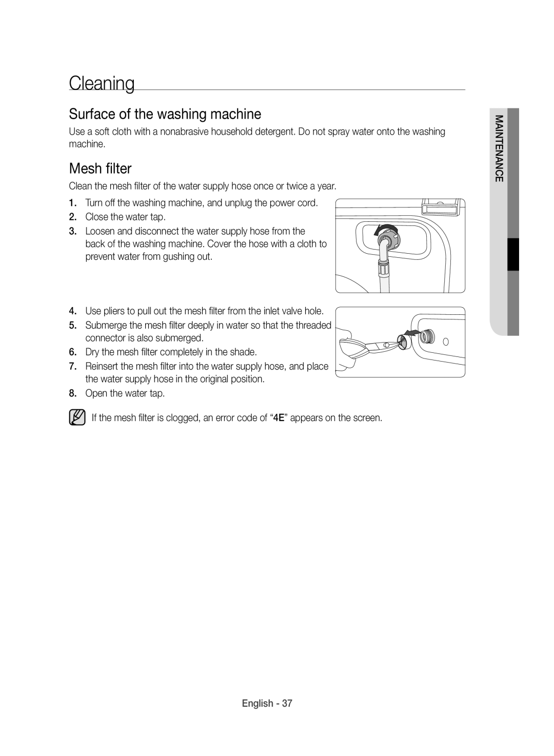 Samsung WD10J8420GW/YL manual Cleaning, Surface of the washing machine, Mesh filter 