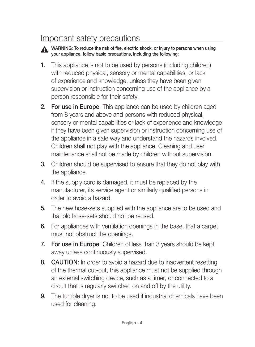 Samsung WD10J8420GW/YL manual Important safety precautions 