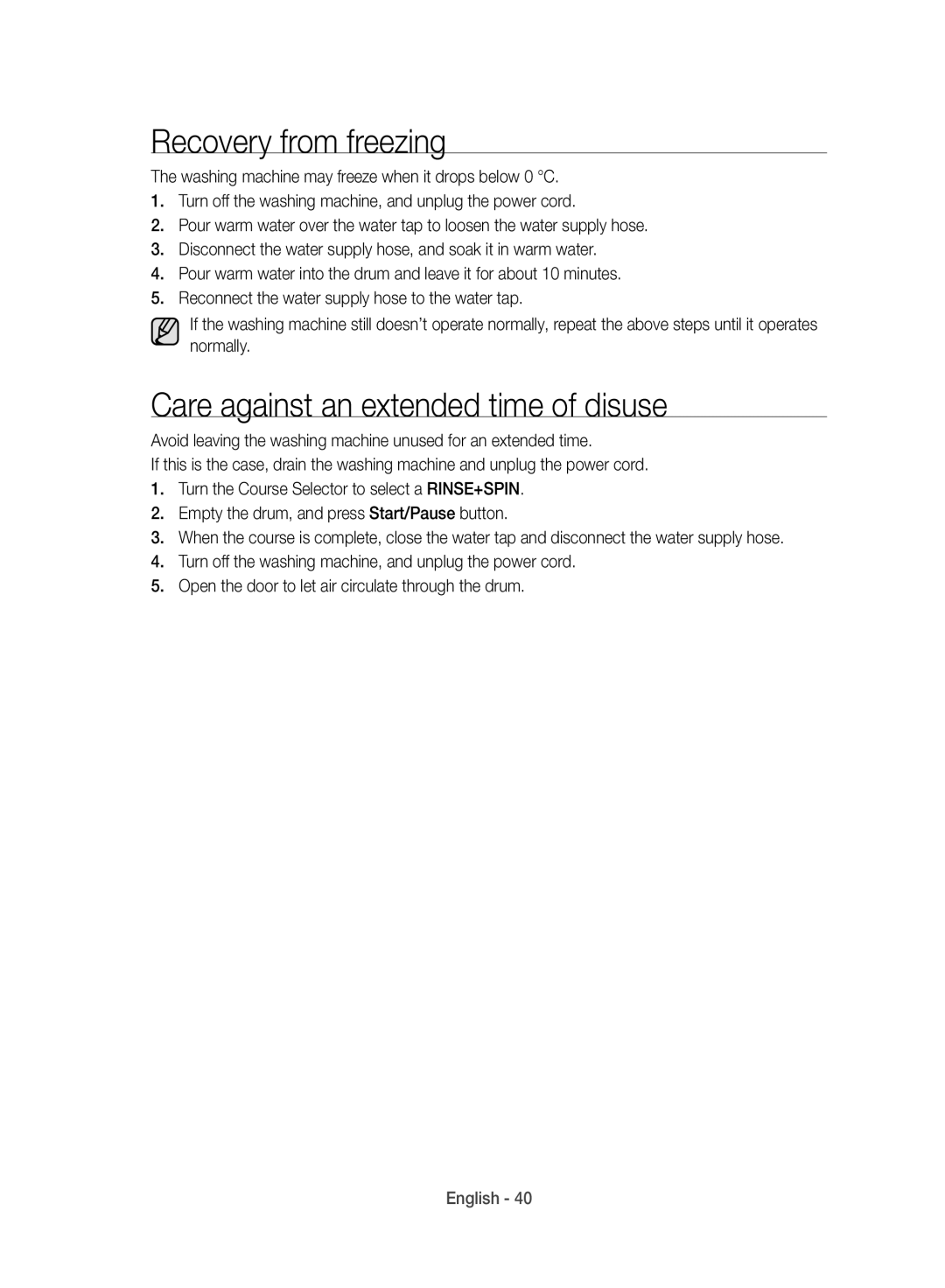 Samsung WD10J8420GW/YL manual Recovery from freezing, Care against an extended time of disuse 