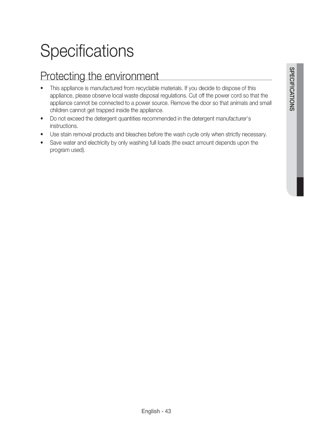 Samsung WD10J8420GW/YL manual Specifications, Protecting the environment 