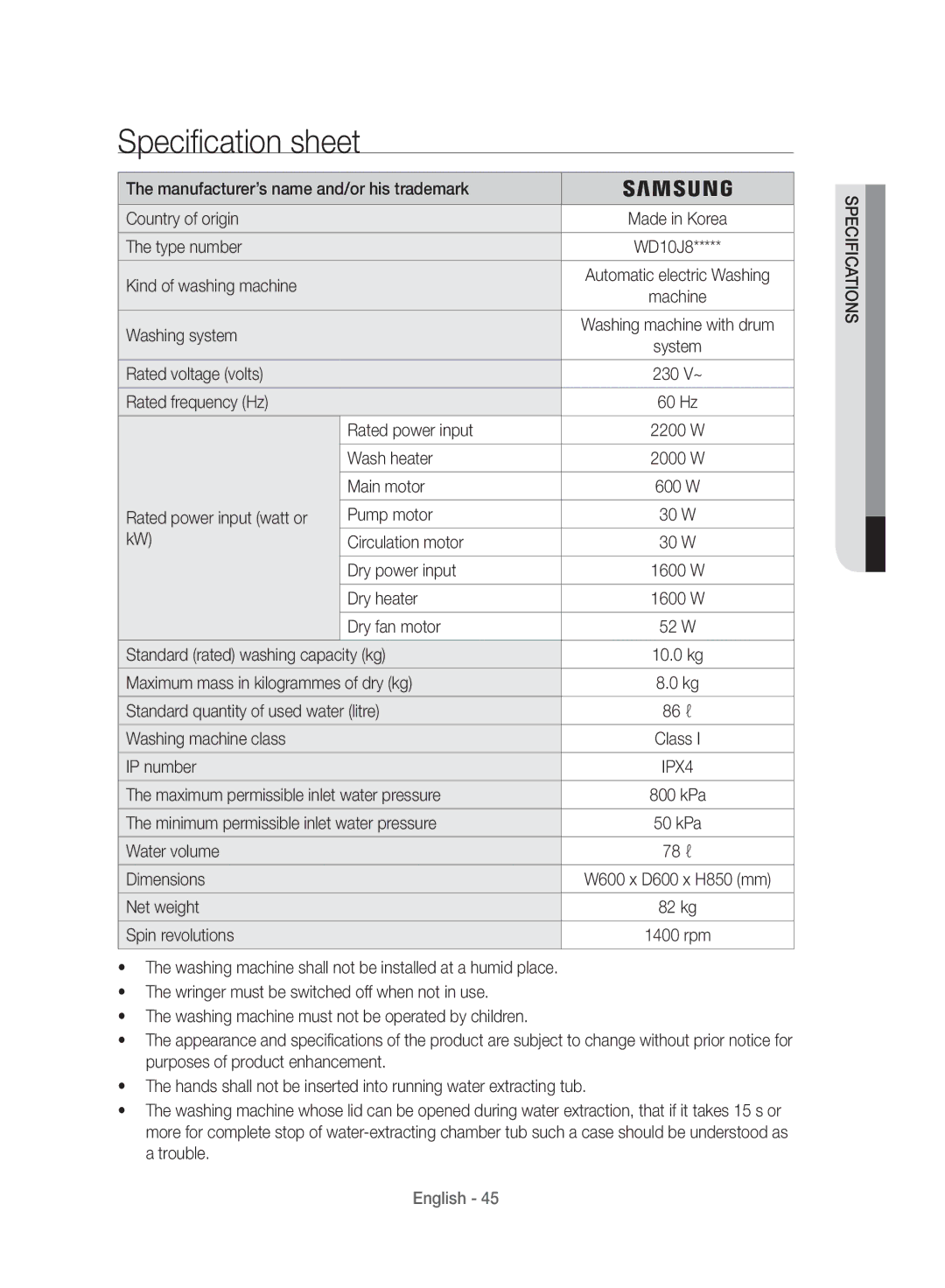 Samsung WD10J8420GW/YL manual Specification sheet 