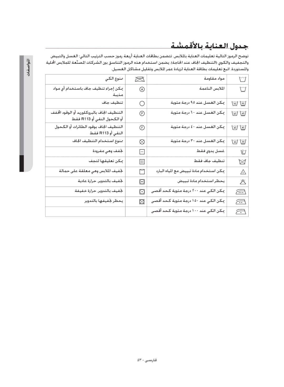 Samsung WD10J8420GW/YL manual ةشمقلأاب ةيانعلا لودج, المواصفما 