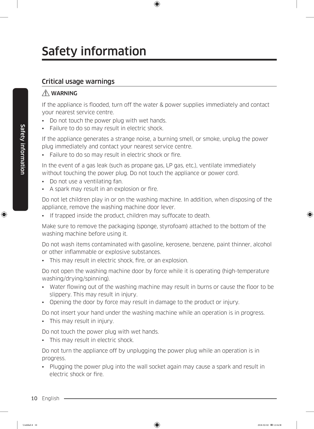 Samsung WD10N84INOA/EE manual Critical usage warnings 