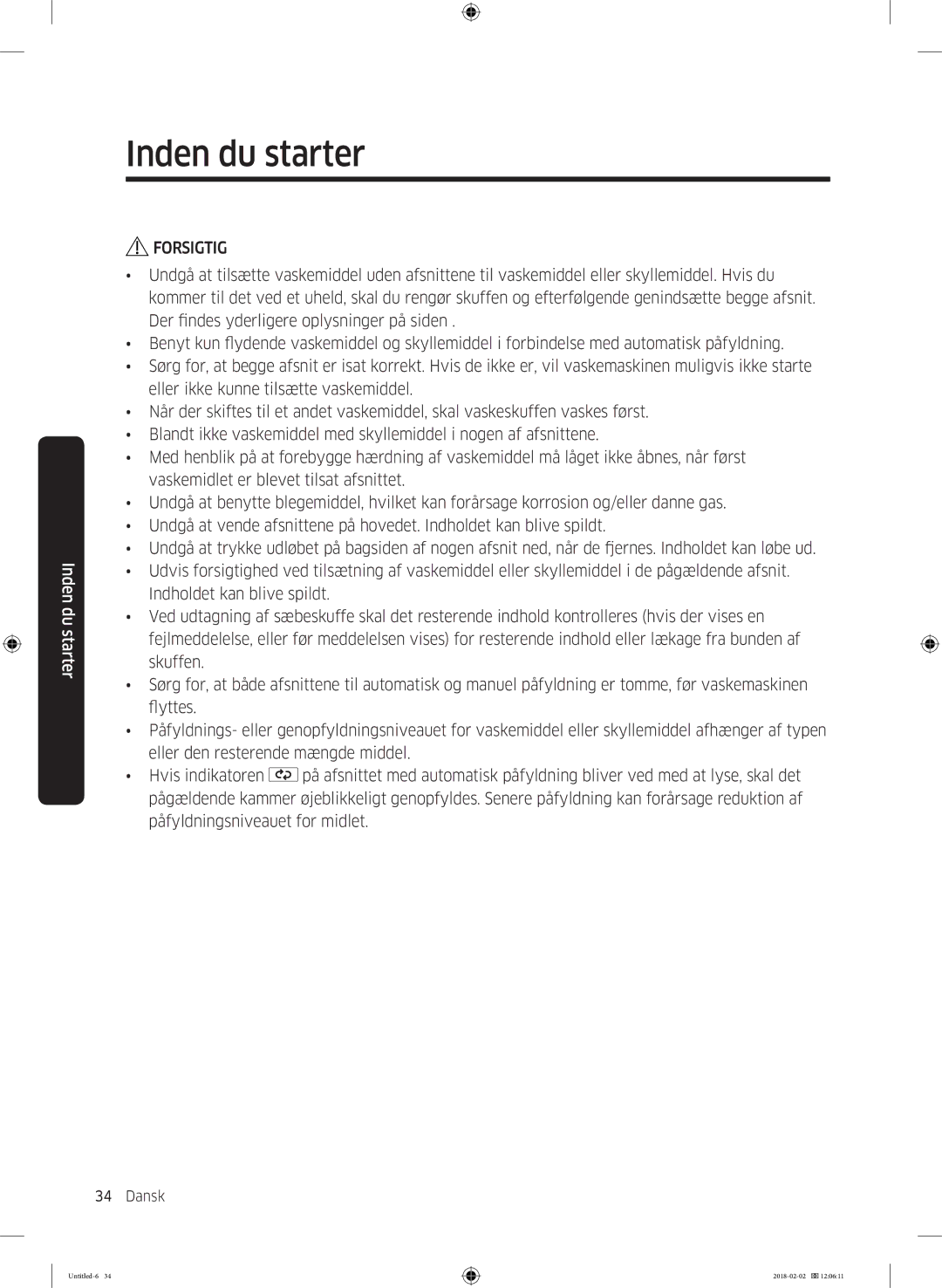 Samsung WD10N84INOA/EE manual Inden du starter 