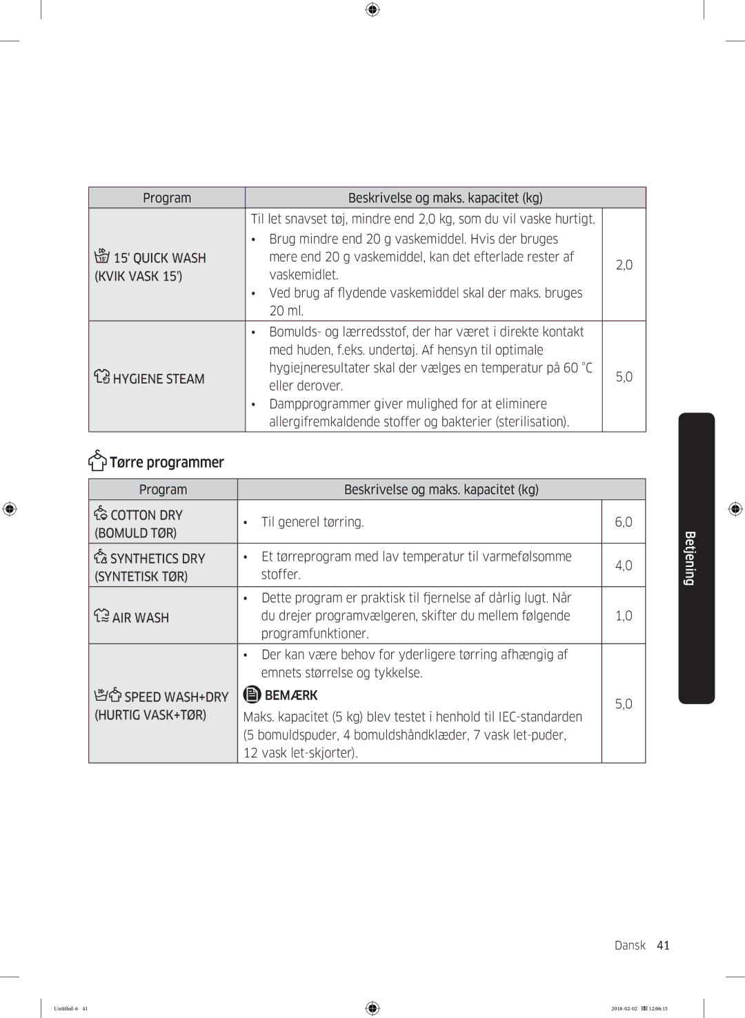 Samsung WD10N84INOA/EE manual Tørre programmer, Kvik Vask, Bomuld TØR, Syntetisk TØR, Bemærk Hurtig VASK+TØR 