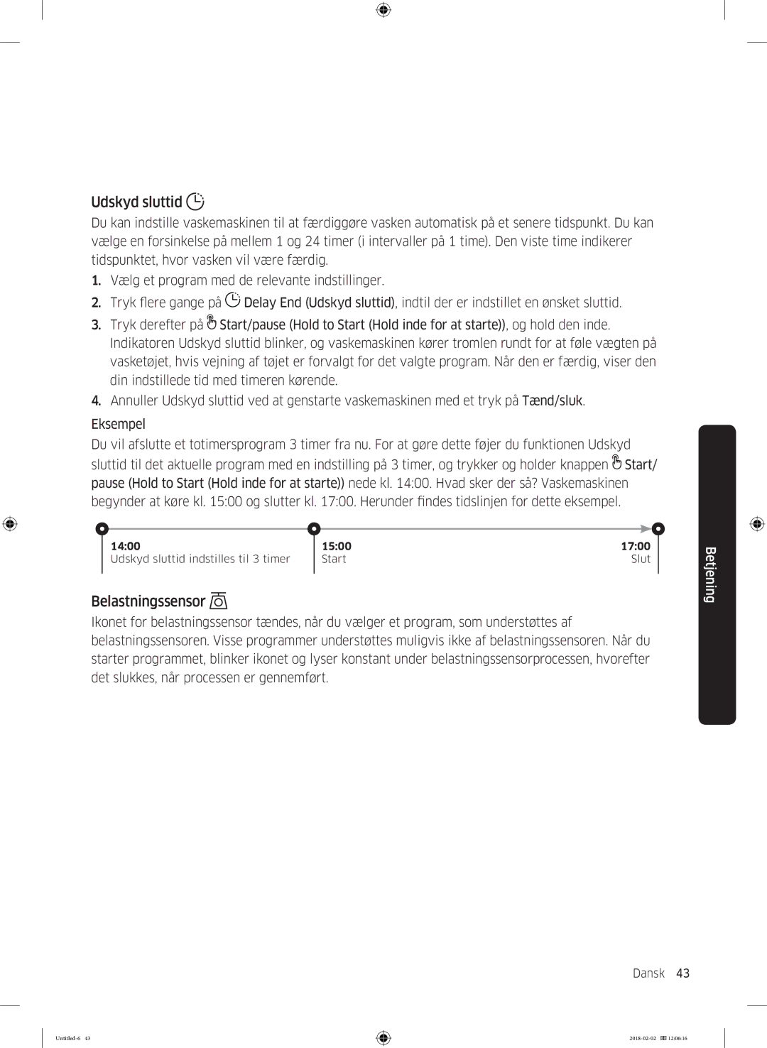 Samsung WD10N84INOA/EE manual Udskyd sluttid, Belastningssensor 