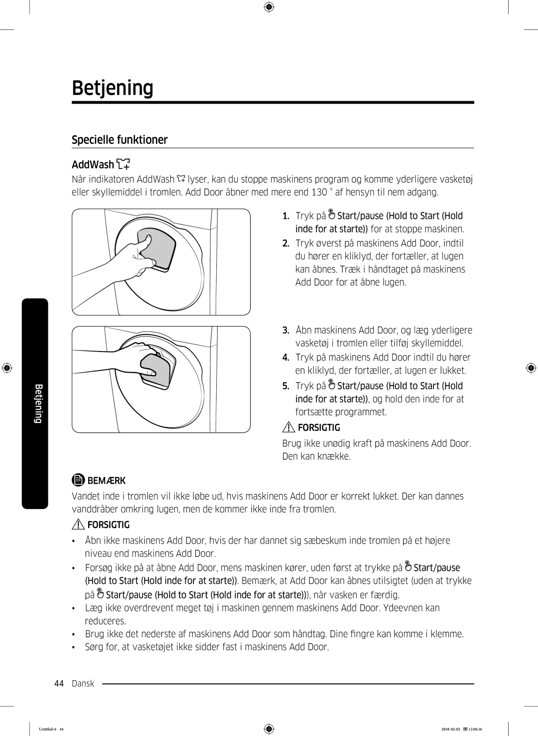 Samsung WD10N84INOA/EE manual Specielle funktioner, AddWash 