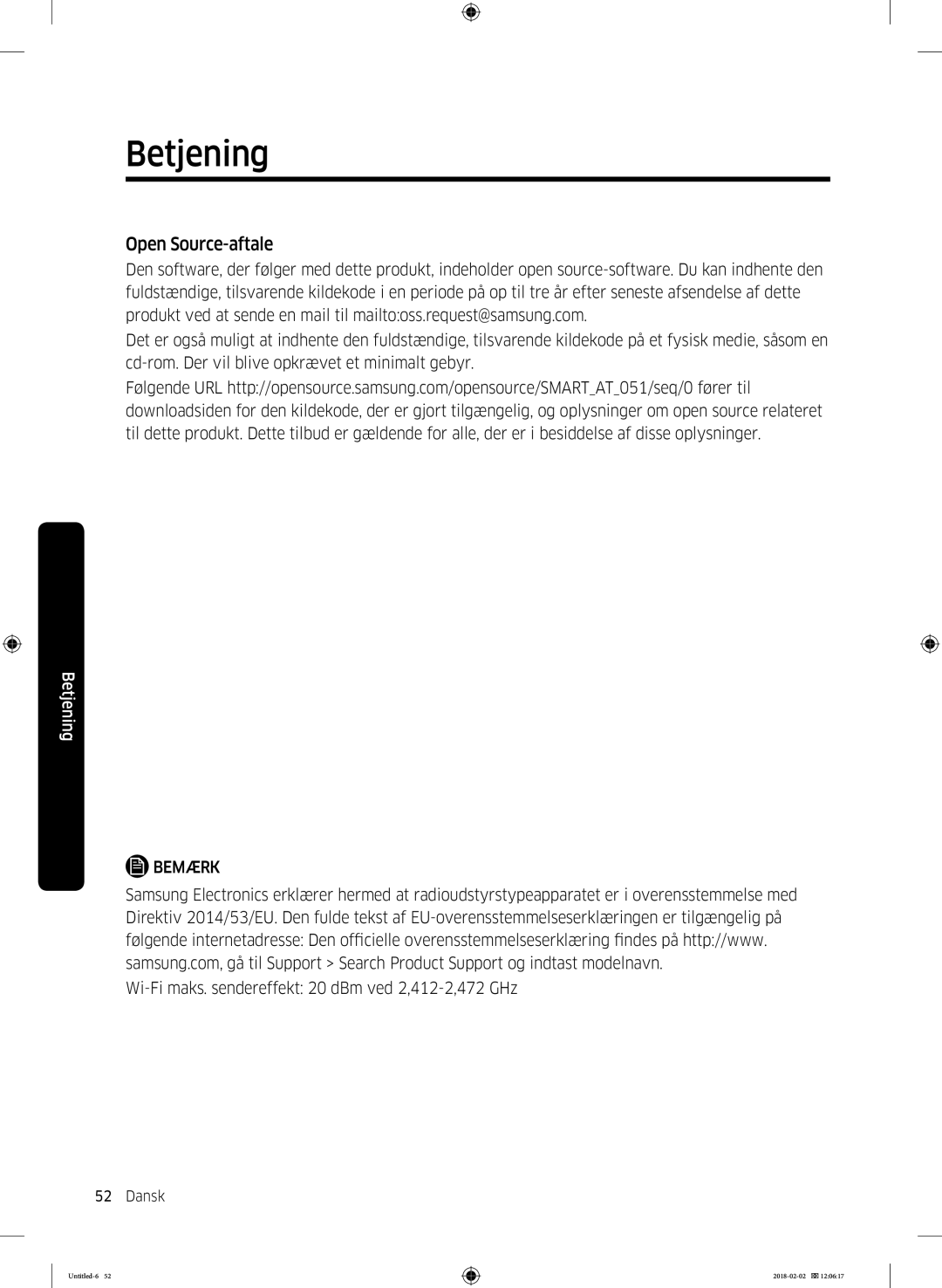 Samsung WD10N84INOA/EE manual Open Source-aftale, Bemærk 