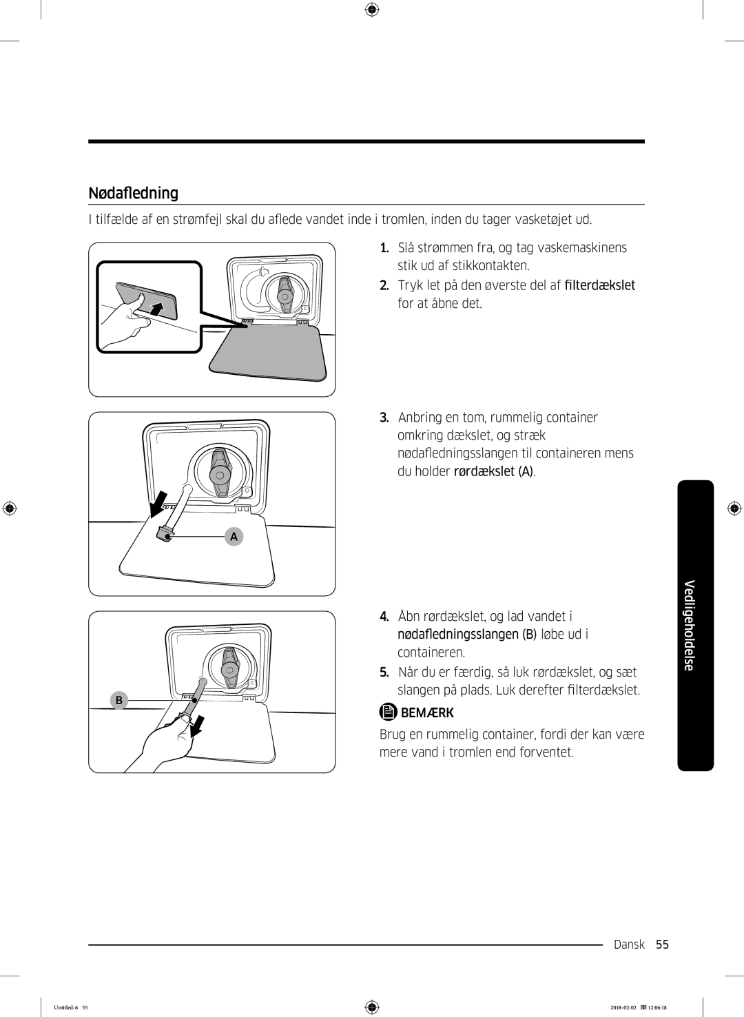 Samsung WD10N84INOA/EE manual Nødafledning 